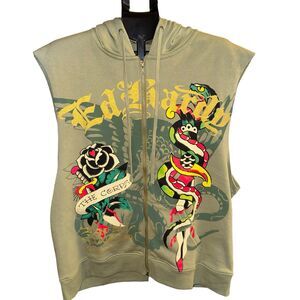 Ed Hardy Panther Snake Fleece Sleeveless Hoodie Men’s L New Green Y2K Full Zip